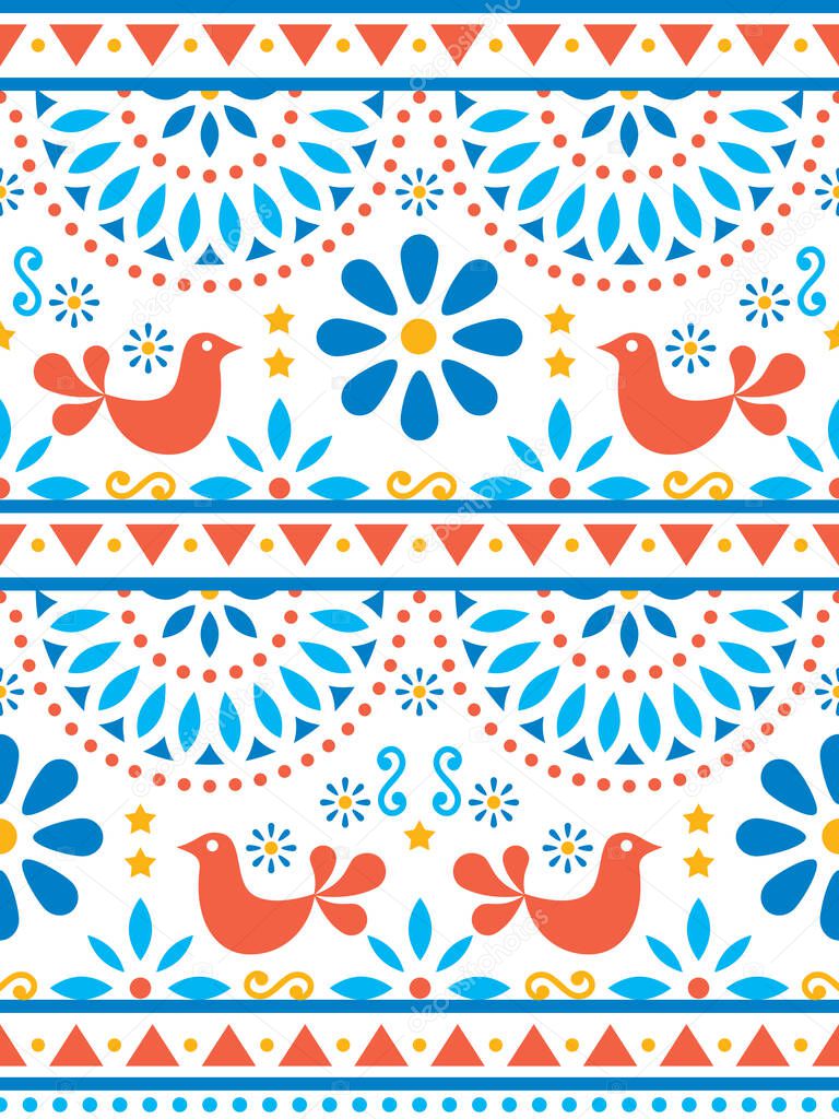 Mexican folk art vector seamless pattern with birds and flowers, textile or fabric print design inspired by traditional art form Mexico  