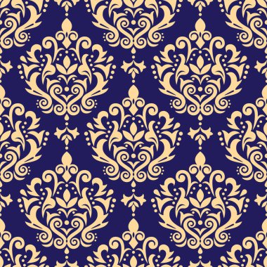 Damask vektörsüz desen, Victoria tekstili ya da yapraklı kumaş desenli girdap ve yapraklı, Arapça retro arka plan. Çiçek motifli zarif bir süs, lacivert üzerine altın kaplanmış kraliyet dekoratif duvar kağıdı.