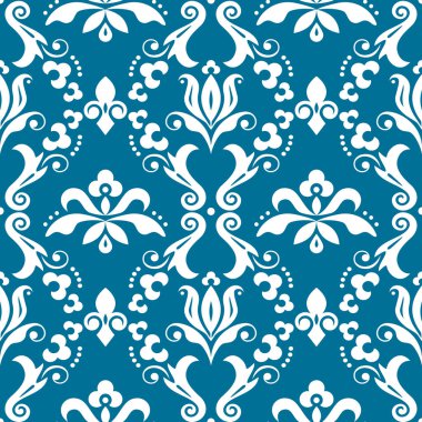 Şam zarif, pürüzsüz desen, Victoria tekstili ya da çiçekli kumaş deseni, girdap ve turkuazda beyaz yapraklar. Çiçek motifli geçmişe dönük Arap dekoratif süsü, kraliyet süsleme duvar kağıdı.