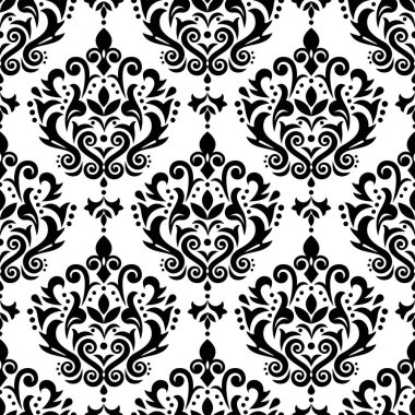 Şam zarif vektör pürüzsüz desen, Victoria tekstili ya da kumaş desenli çiçekler, girdaplar ve siyah beyaz yapraklar.