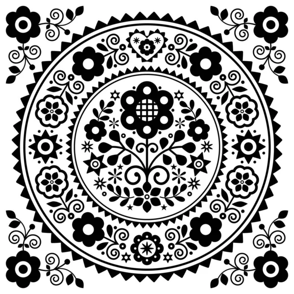 伝統的なポーランドの刺繍ラシー サデッキーに触発された黒と白の花マンダラのデザインとポーランドの民俗芸術ベクトルグリーティングカードのデザイン ボヘミアンパターン — ストックベクタ
