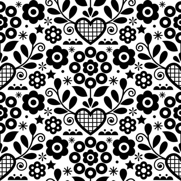 Традиционный цветочный вектор бесшовный черно-белый узор идеально подходит для текстильной или тканевой печати. Вдохновленный народным искусством из Новы-Сача, Польша 