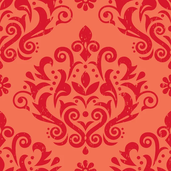 Damask Retro Scratched Vector Seamless Pattern Victorian Red Textile Fabric — Stock Vector