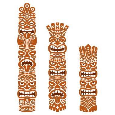Hawaii ve Polinezya Tiki direği totem tasarımı - kahverengi kabile halk sanatı arka planı, iki ya da üç başlı heykel 