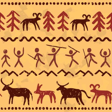 Prehostorik mağara resimleri, kusursuz sanat vektörü deseni, ilkel arkaplan, insan ve hayvanlı taş çizimlerinden esinlenilmiş.