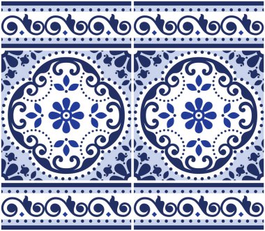 Lizbon Azulejo kiremitleri, çerçeve veya sınır ile kusursuz vektör deseni, çiçekli, girdaplı ve geometrik şekilli Portekiz çivit tasarımı