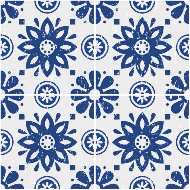 Portekiz Azulejo fayansları pürüzsüz vektör deseni - eski çizik stili, lacivert çiçekli retro tasarımı