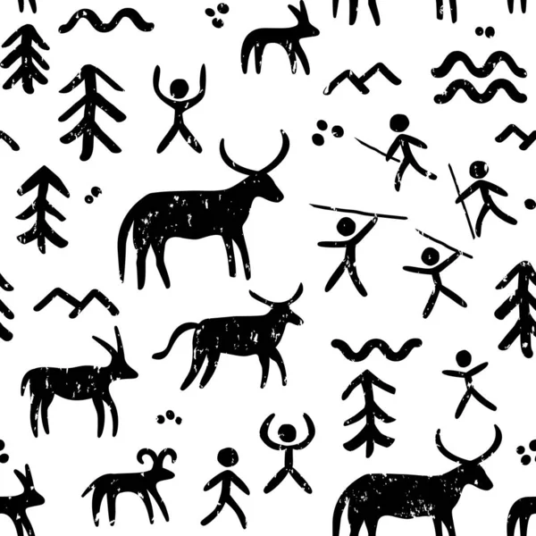 洞窟絵画ベクトルシームレスパターン 洞窟の狩猟動物と先史時代の芸術に触発黒と白の繰り返し背景 — ストックベクタ