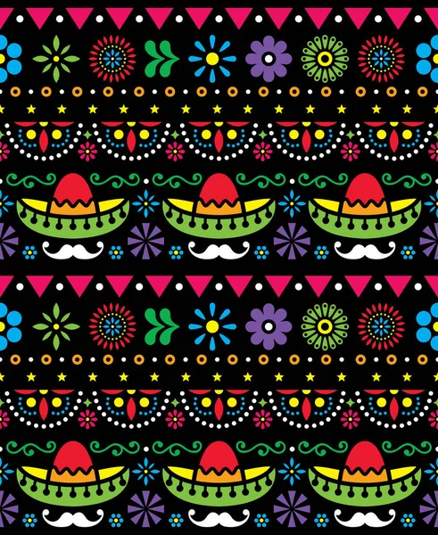 メキシコの帽子 ソムブレロと長い口ひげシームレスベクトルの花のパターン 黒の背景にカラフルなデザイン — ストックベクタ