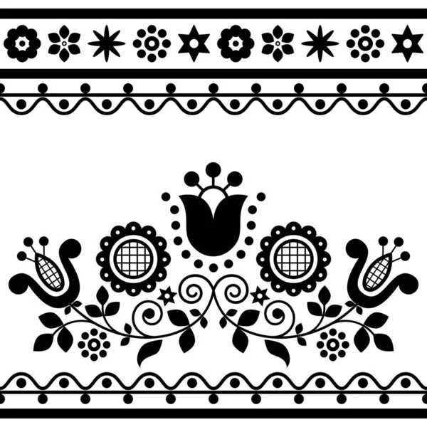 Romantische Florale Volkskunst Vektor Schwarz Weiß Grußkarte Muster Mit Blumen — Stockvektor