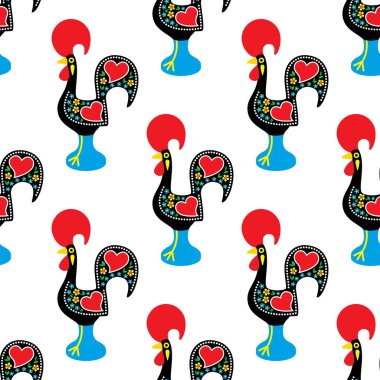 Portekizli Barcelos Horozu halk sanatı vektörü kusursuz desen, Galo de Barcelos duvar kağıdı veya tekstil, kumaş baskı tasarımı
