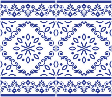 Lizbon stili Azulejo fayanssız vektör çivit deseni, Portekiz 'den esinlenilmiş çiçek ve geometrik motifli zarif dekoratif tasarımı