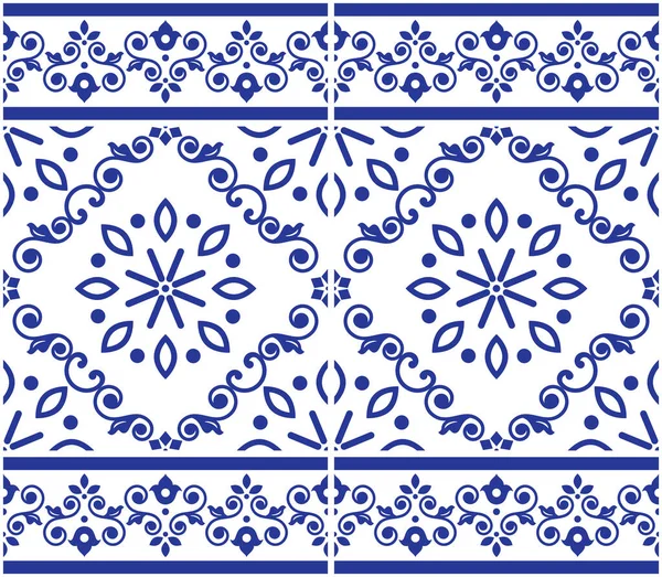 Estilo Lisboa Azulejo Azulejo Patrón Índigo Vector Sin Costuras Elegante — Vector de stock