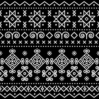 Cicmany, Slovakya 'daki eski boyalı evlerden esinlenilmiş geleneksel halk sanatı vektörleri kusursuz desen, kabile geometrik şekilli retro tasarım.