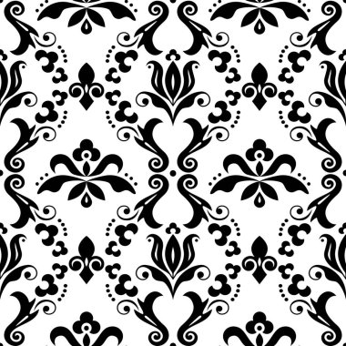 Damask vektörü pürüzsüz tekstil ya da farbik baskı deseni, çiçekli, kıvrımlı ve yapraklı eski Victoria dönemi yinelemeli tasarımı siyah ve beyaz