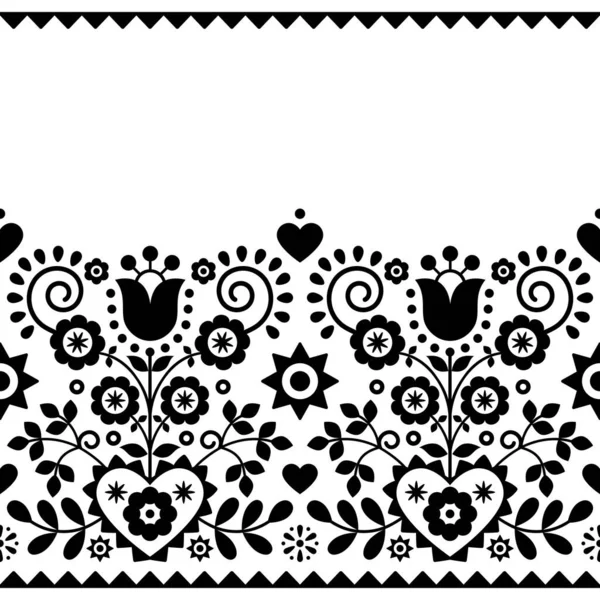 波兰民间艺术矢量无缝纺织品或织物印花图案与黑白花卉的主题 萨迪克 — 图库矢量图片