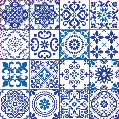 Portekiz ve İspanyol azulejo seramikleri lekesiz vektör deseni koleksiyonu lacivert ve beyaz geleneksel çiçek dizaynı Portekiz ve İspanya 'dan esinlenerek sergilenmiştir.