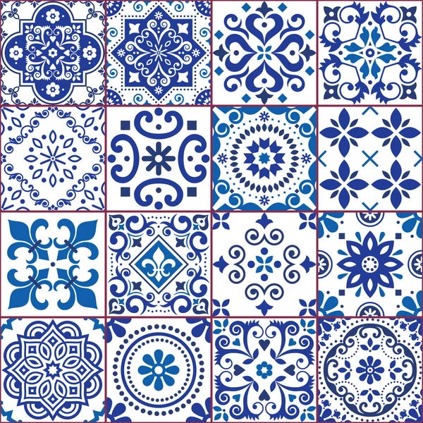 Portugál Spanyol Azulejo Csempe Zökkenőmentes Vektor Minta Gyűjtemény Haditengerészeti Kék — Stock Vector