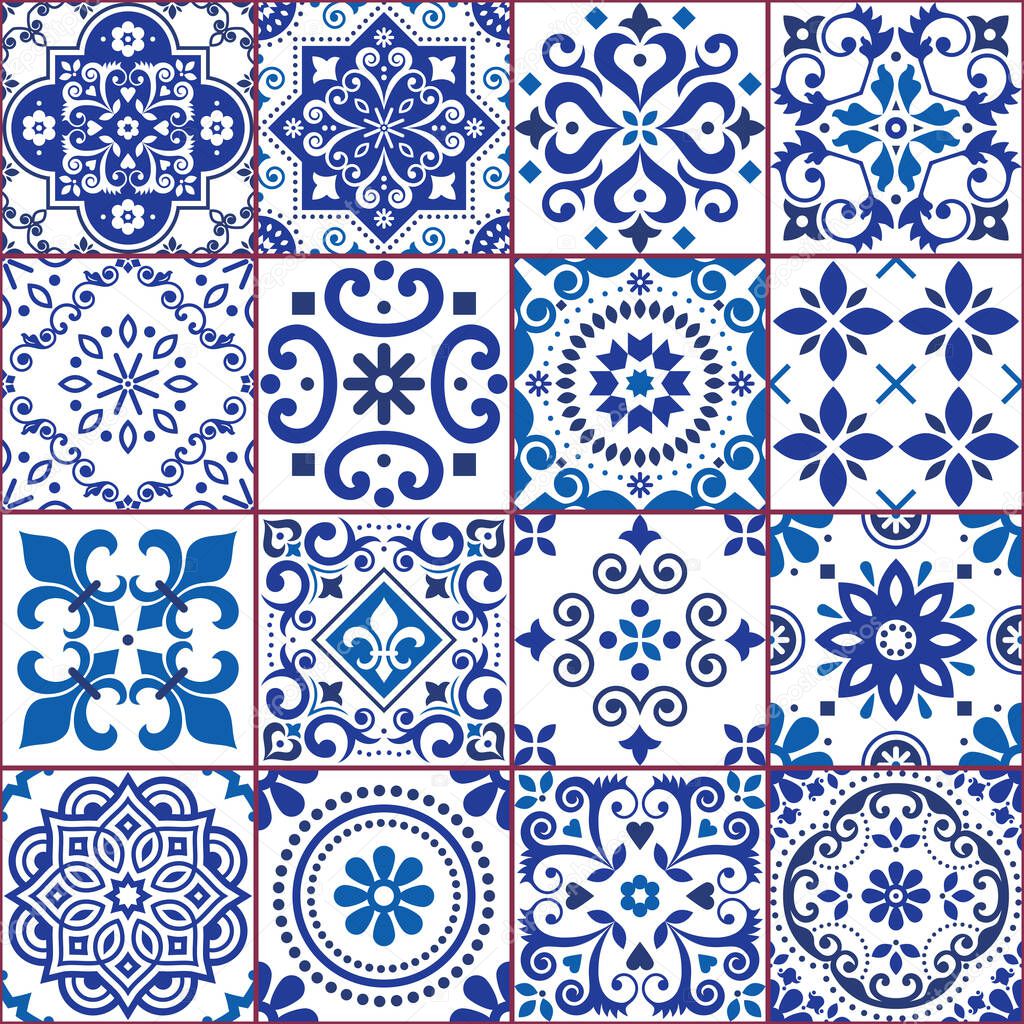 Portuguese and Spanish azulejo tiles seamless vector pattern collection in navy blue and white, traditional floral design big set inspired by tile art from Portugal and Spain