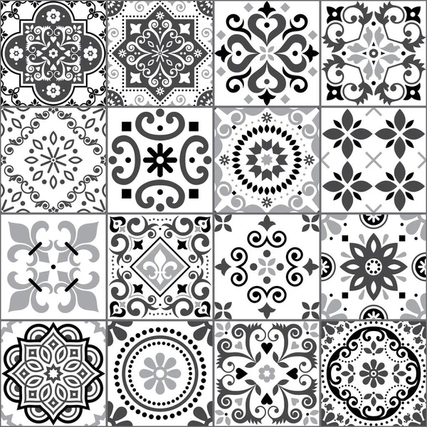 Carreaux Azulejo Portugais Espagnols Collection Motifs Vectoriels Sans Couture Gris — Image vectorielle