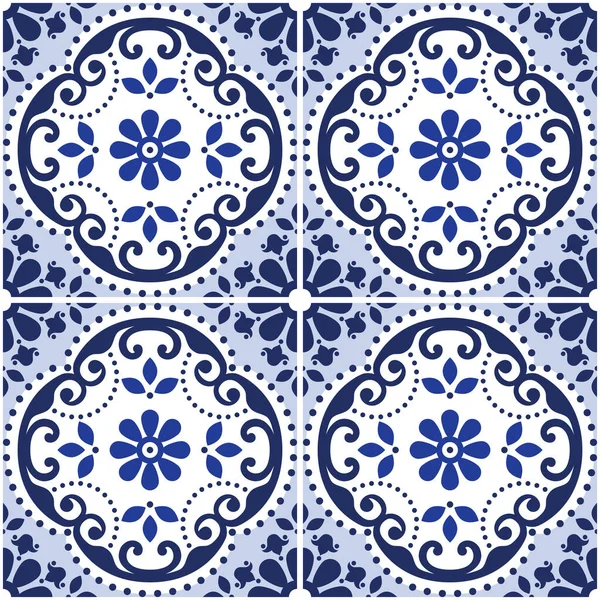 里斯本Azulejo瓷砖无缝矢量装饰图案 葡萄牙靛蓝复古图案与花卉 漩涡和几何形状 — 图库矢量图片