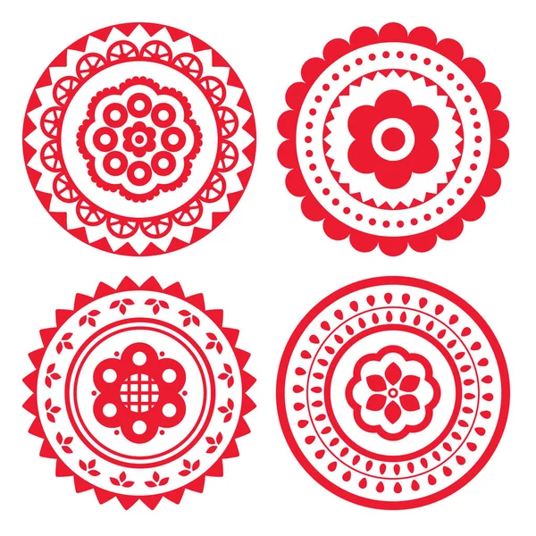 Lengyel Népművészeti Vektor Mandala Design Készlet Virágokkal Kerek Hagyományos Minták — Stock Vector