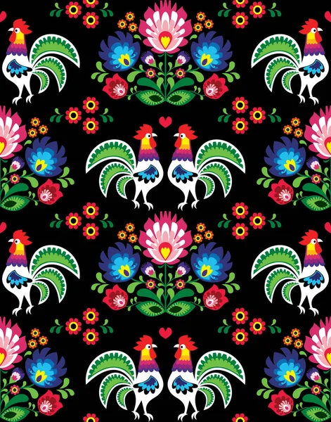 Seamless Polish Folk Art Pattern Roosters Flowers Wzory Lowickie Wycinanka — Stock Vector