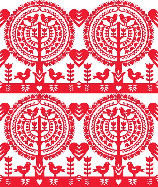 ポーランドの民俗芸術のシームレスなベクトルパターンWycinanki Kurpiowskie クルーピー鳥 心の木と花の切り絵 — ストックベクタ