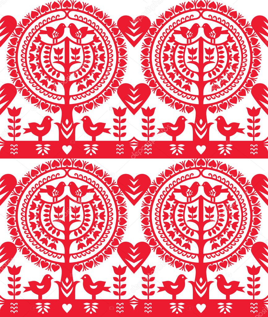 Polish folk art seamless vectorpattern Wycinanki Kurpiowskie - Kurpie Papercuts with birds, hearts tree and flowers 