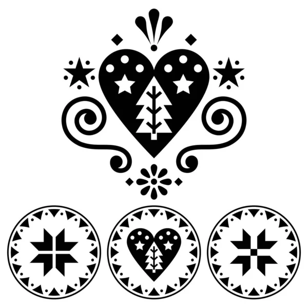 クリスマス北欧の民俗芸術ベクトルデザイン 雪片とクリスマスツリーと黒と白のシングルパターンコレクション — ストックベクタ
