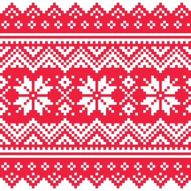 Noel vektörü pürüzsüz kış deseni, şenlikli kırmızı ve beyaz baskı Sami insanlardan esinlenilmiş, Laponya halk sanatı tasarımı, geleneksel örgü ve nakış.