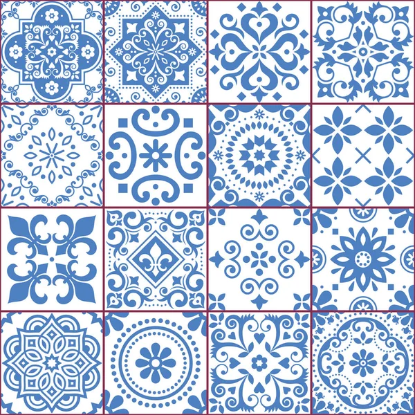 葡萄牙和西班牙的蓝白相间的蓝白相间的天蓝色斑纹图案系列 是受葡萄牙和西班牙瓷砖艺术启发而形成的大型花卉图案系列 — 图库矢量图片