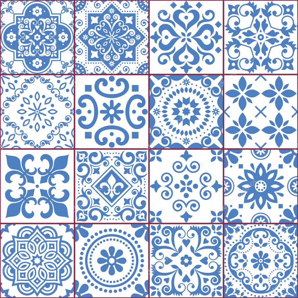 Portuguese and Spanish azulejo tiles seamless vector pattern collection in blue and white, traditional floral design big set inspired by tile art from Portugal and Spain