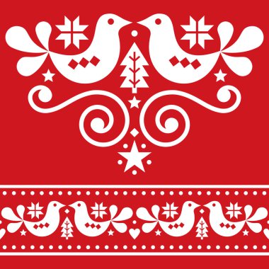 İskandinav Noel halk müziği tasarım elementleri, kuşlu sevimli çiçek tasarımı, çam ağaçları ve kırmızı zemin üzerinde beyaz kar taneleri.