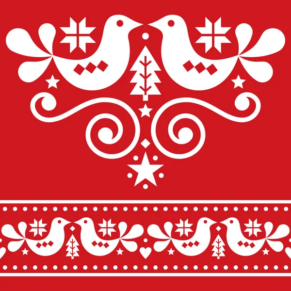 斯堪的纳维亚圣诞民俗设计元素 可爱的花卉设计 松树和雪片白色的红色背景 — 图库矢量图片