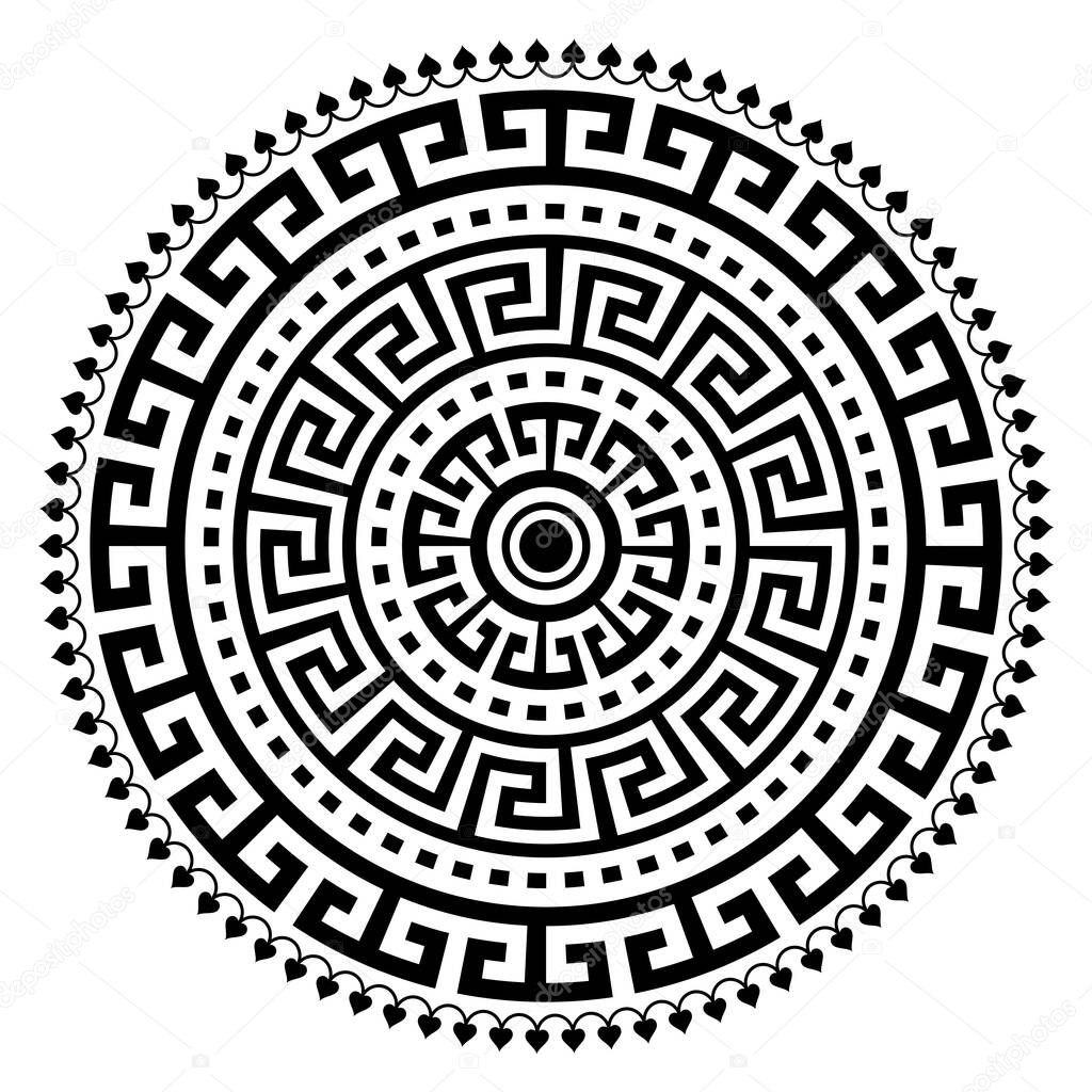 Greek vector ancient vase mandala design with key pattern, geometric black boho pattern in black on white background 