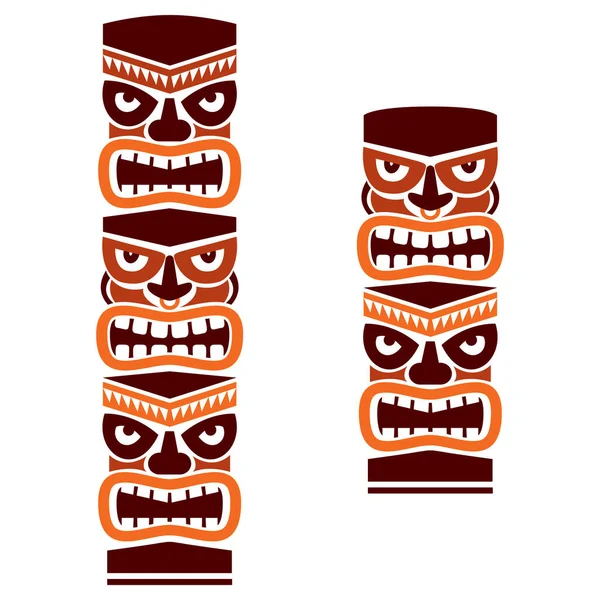 Conjunto Tótem Polo Tiki Diseño Tribal Vectorial Marrón Decoración Tradicional — Archivo Imágenes Vectoriales