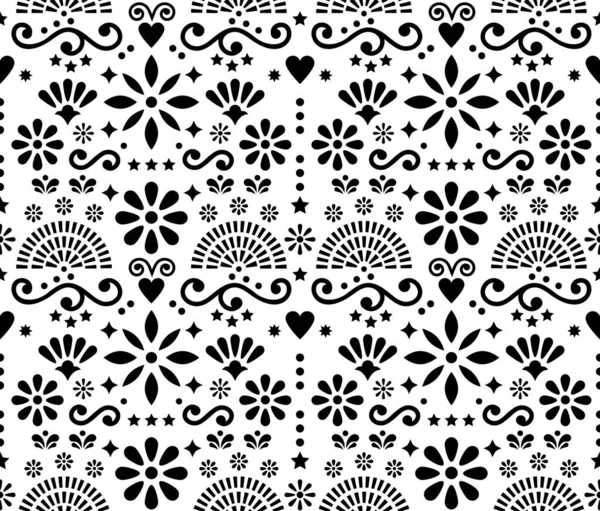 メキシコの伝統的な装飾に触発された心 花や渦とメキシコの民俗芸術の花シームレスベクトルパターン 黒と白のデザイン — ストックベクタ