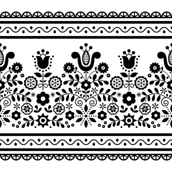 Arte Popular Polaco Vector Patrón Negro Sin Costuras Con Flores — Vector de stock