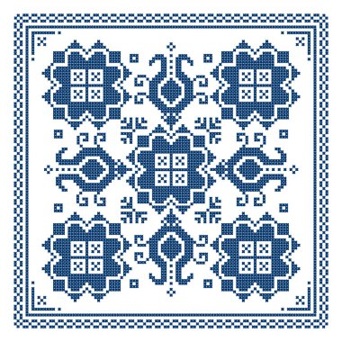 Zmijanje, Bosna-Hersek 'in geleneksel halk sanatı tasarımı olan kare çiçeklerle nakış tarzı vektör tasarımı 