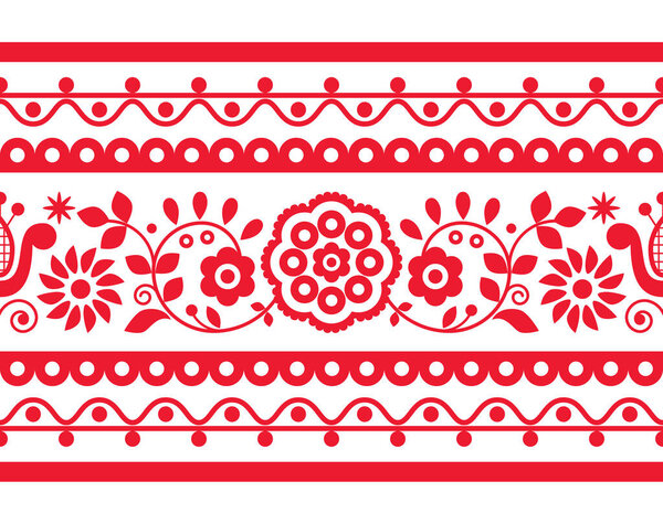 Цветочные милые векторы польского народного искусства без швов длинная горизонтальная вышивка, вдохновленная традиционными дизайнами Lachy Sadeckie из Польши - текстильная или тканевая печать орнамент