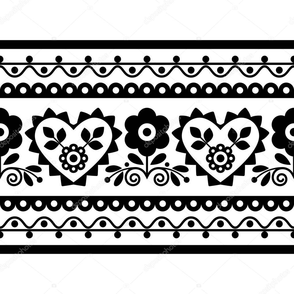 Folk art vector seamless embroidery long black and white pattern with flowers inspired by traditional Polish designs Lachy Sadeckie - textile or fabric print ornament
