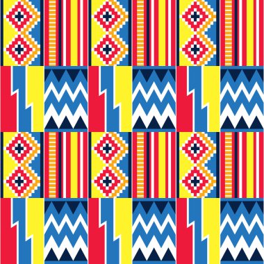 African tribal design Kente nwentoma textile style vector seamless design in blue, red and yellow, geometric pattern inspired by Ghana traditional cloths