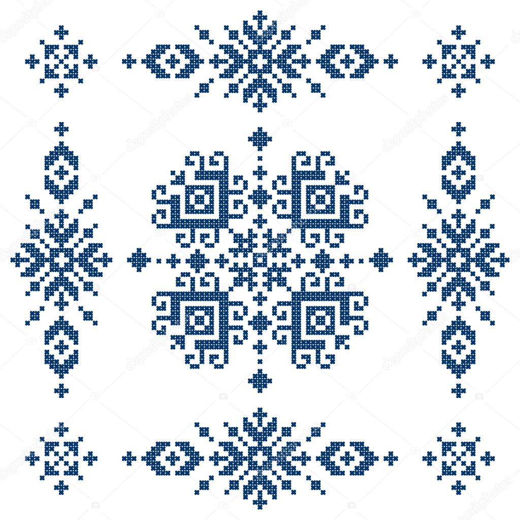 Bosnia and Herzegovina ethnic folk art vector pattern styled as Zmijanje cross-stitch embroidery design square decorative ornament