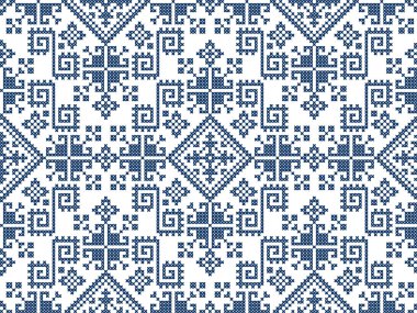 Zmijanjski vez nakışlı stil vektörsüz desen - Bosna-Hersek 'ten gelen çapraz dikişli halk sanatı tasarımlarıyla işlenmiş tekstil veya kumaş deseni 