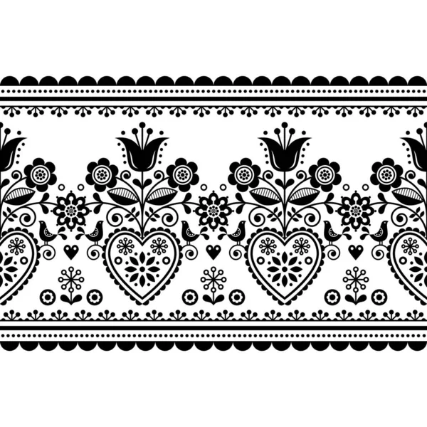 Arte Popular Escandinavo Sin Costuras Patrón Largo Vector Horizontal Negro — Vector de stock