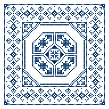 Bosna-Hersek çerçevedeki kare süslemede nakış tarzı vektör tasarımı - geleneksel çapraz dikiş halk sanatı tasarımı Zmijanski vez