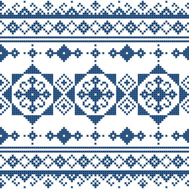 Zmijanjski geleneksel vektör halk sanatı kusursuz desen - Bosna-Hersek 'in çapraz dikiş tasarımlarından esinlenen tekstil veya kumaş baskı tasarımı 