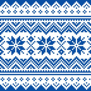 Yılbaşı vektörleri donanma mavisi ve kar taneleriyle kusursuz kış deseni, Sami insanlarından esinlenerek, Laponya halk sanatları nakışından esinlenerek