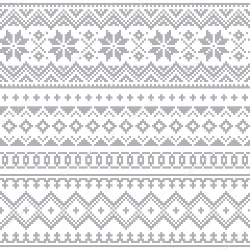 Christmas Lapland vector seamless winter pattern, Sami people folk art design, traditional knitting and embroidery in gray on white background